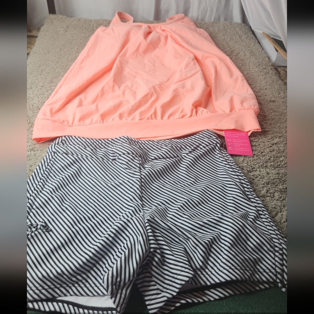 Women's 2 Piece Swimsuit - Black & White Bottom And Lt Orange Top - Yonique - XS